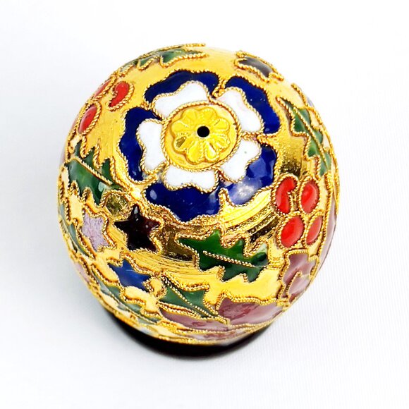 Cloisonne Enameled Brass Christmas Holiday Poinsettia Egg & Stand - Picture 5 of 7